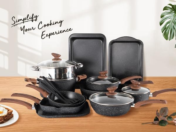 Kitchen Academy Topfset 17-teiliges Induktions-Kochgeschirr-Set mit Glasdeckeln und Granitbeschichtung inkl. Pfannen und Töpfe (Schwarz 17 tlg)