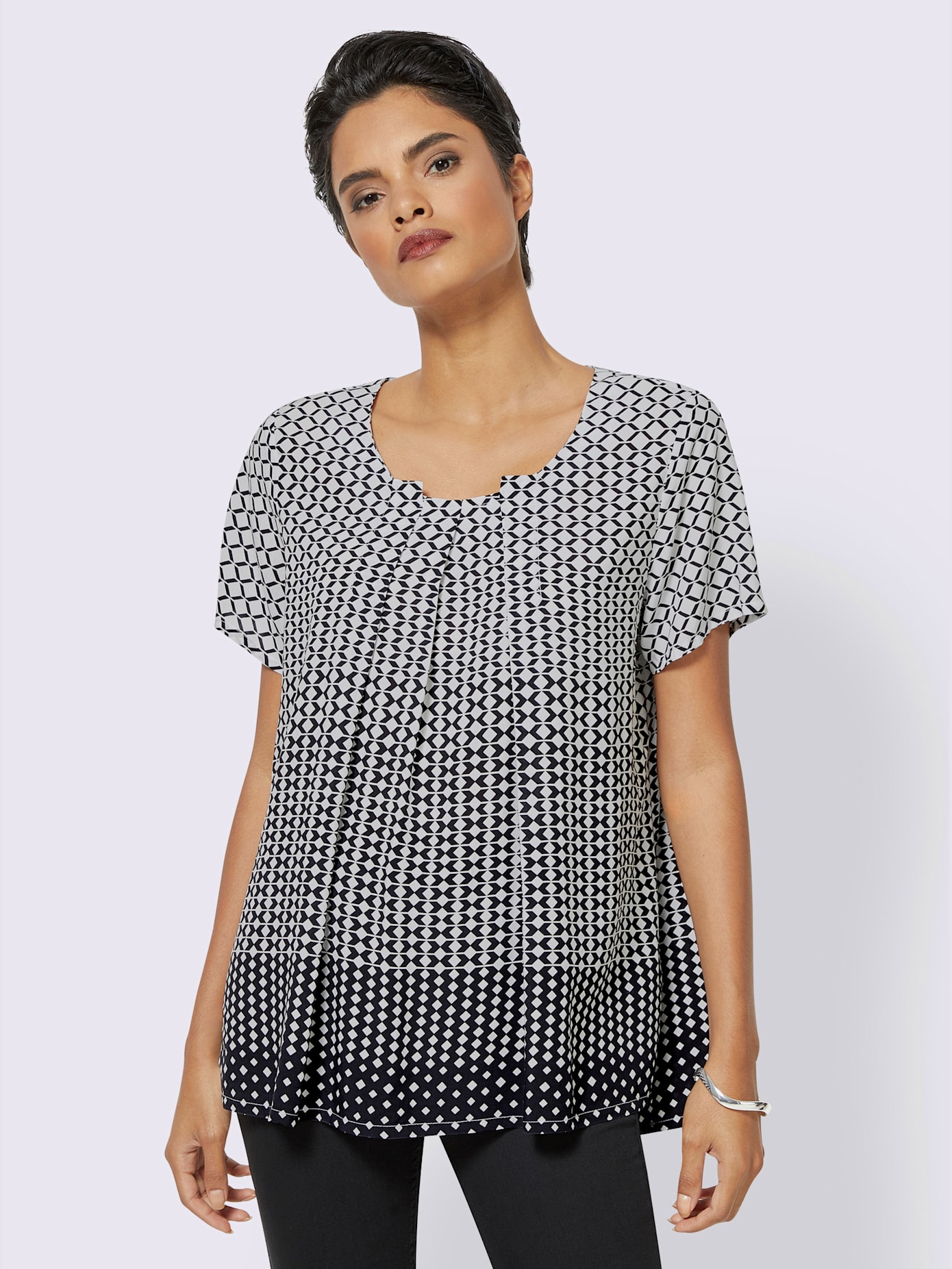 Chemisier évasé en viscose motif losange effet dégradé manches courtes