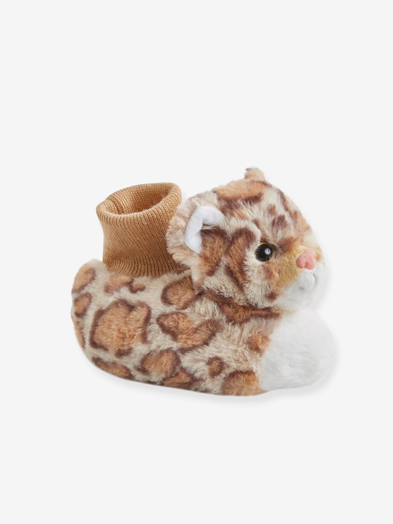 Pantufas de pelúcia bege com estampa, tamanho médio, para bebê menino.