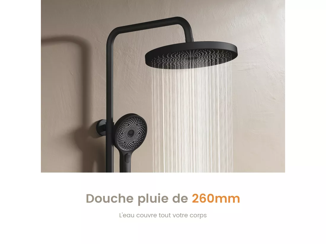 EMKE Colonne de douche Thermostat Noir, Régulation innovante du débit, douche à effet pluie de 26 cm, douchette à main avec 3 jets Système de douche