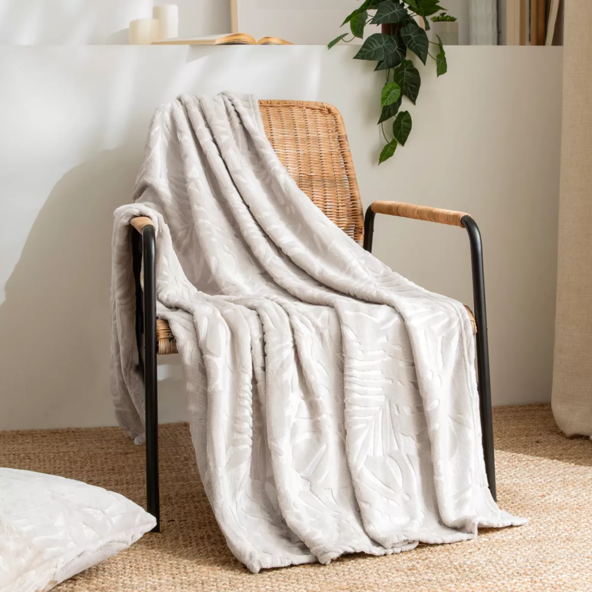 Plaid doux flanelle (125 x 150 cm) Flore Ecru