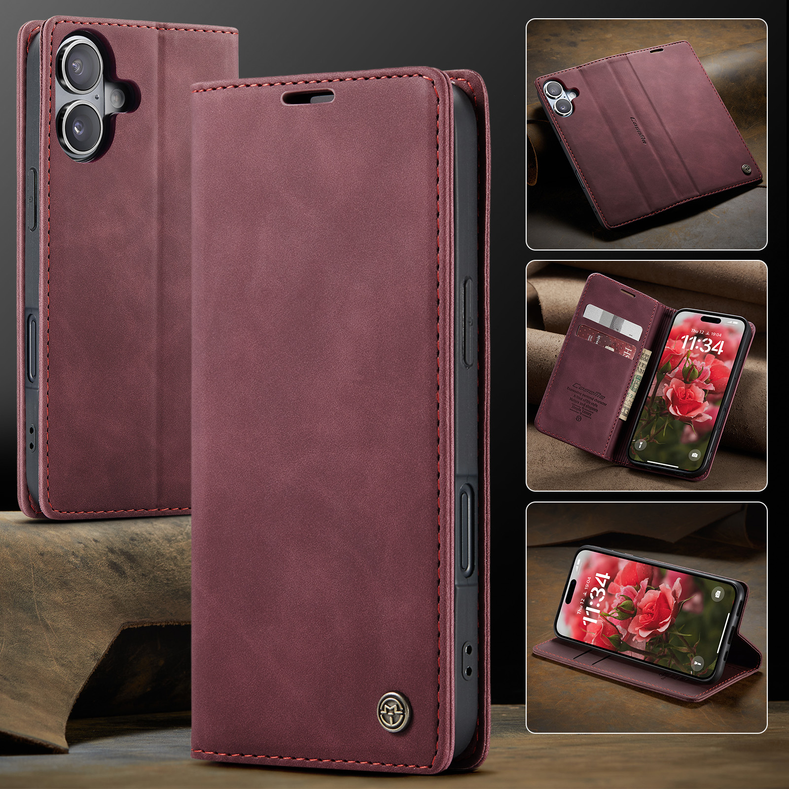 iPhone 17 Leder Tasche Flip Wallet Etui mit Kartenfächern - Rot