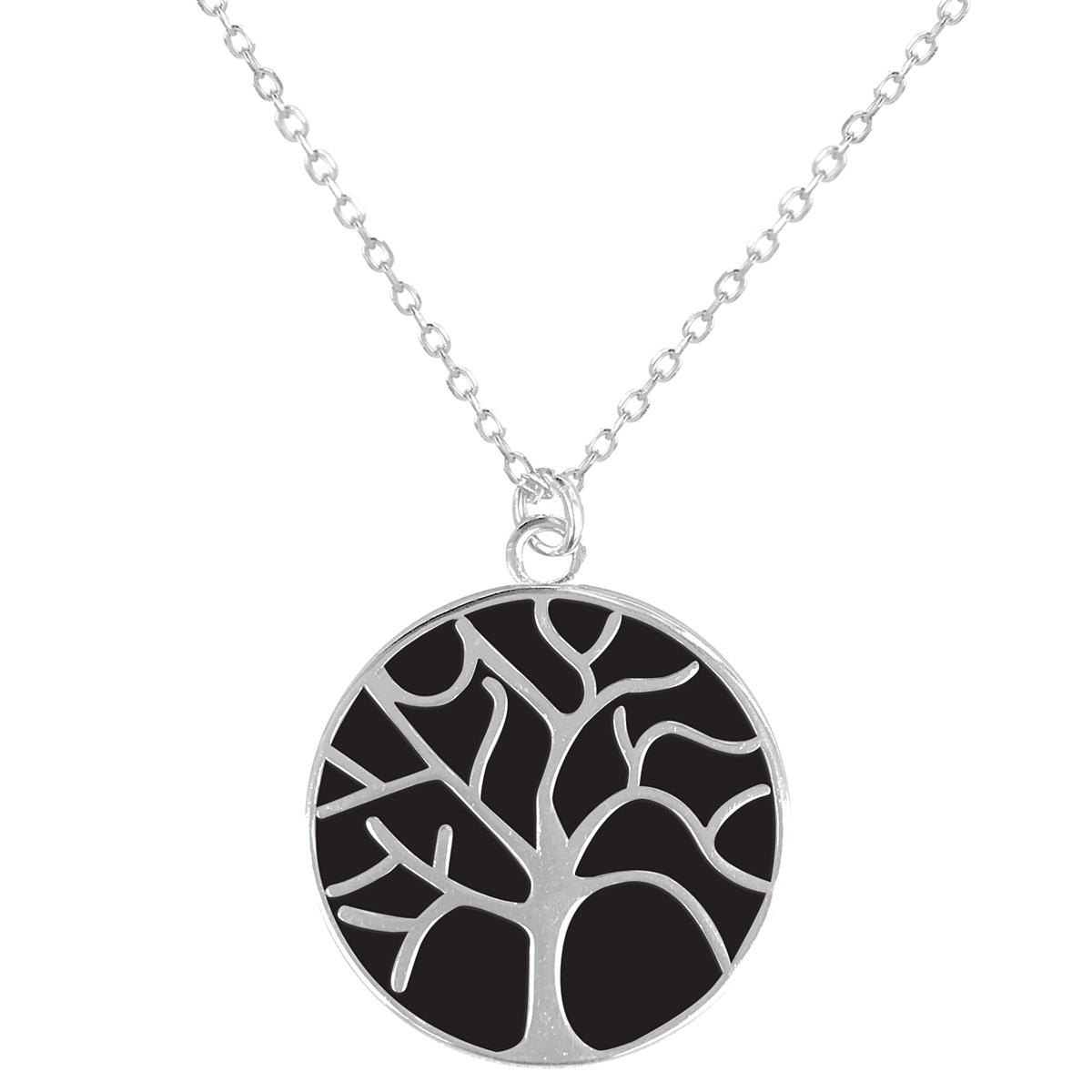 Collier arbre de vie en argent rhodié avec émail noir