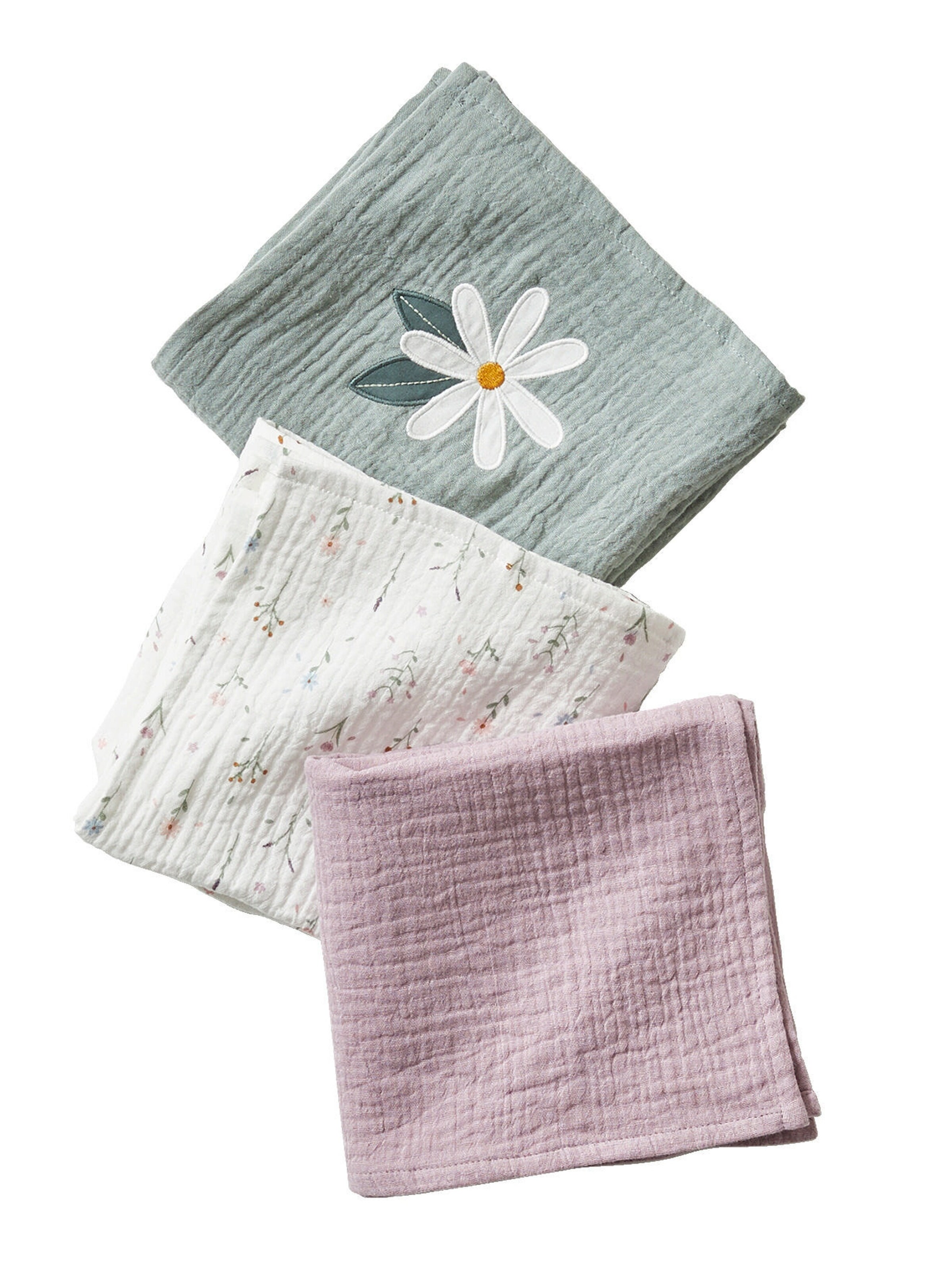 Vertbaudet 3er-Pack Baby Wickeltücher PROVENCE violett/wollweiß/grün