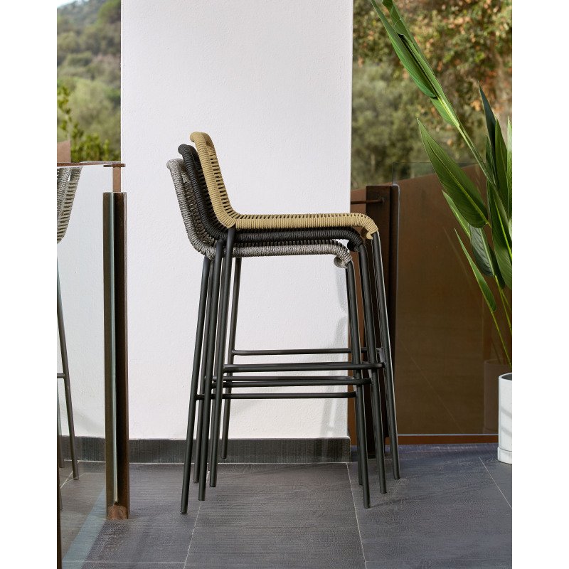 Tabouret Lambton - corde - pieds en acier H 62 cm noir