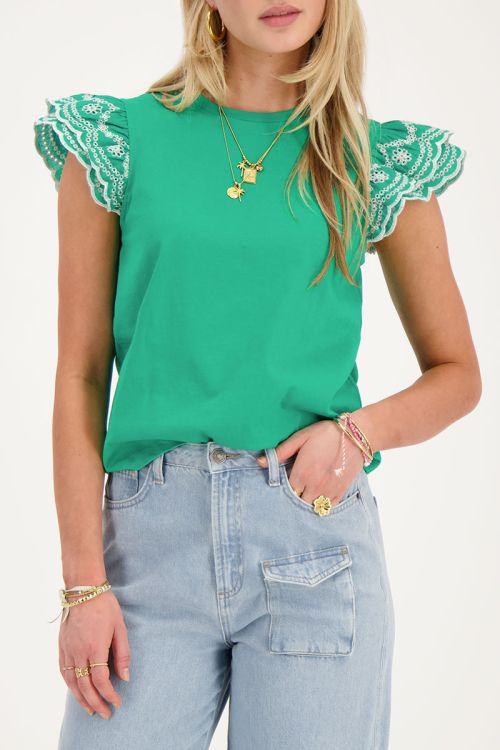 Groene top met embroidery mouwen