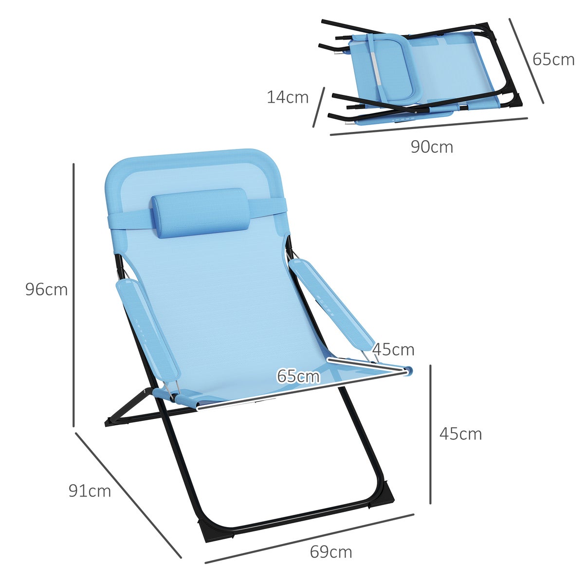 Outsunny Vouwstoel, Tuinstoel met Verstelbare Rugleuning en Hoofdsteun, Draagt tot 120 kg, 69L x 91B x 96H cm, Mesh, Blauw
