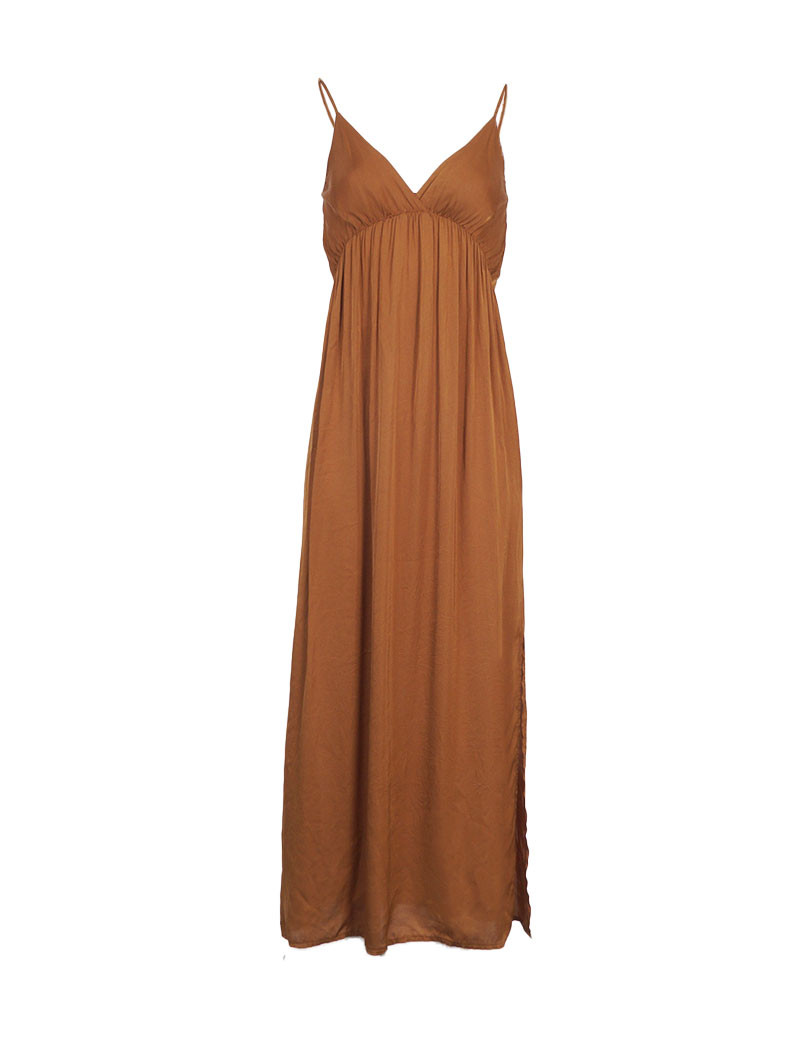 DIXIE ROBE LONGUE FINES BRETELLES VISCOSE SATINÉE COGNAC