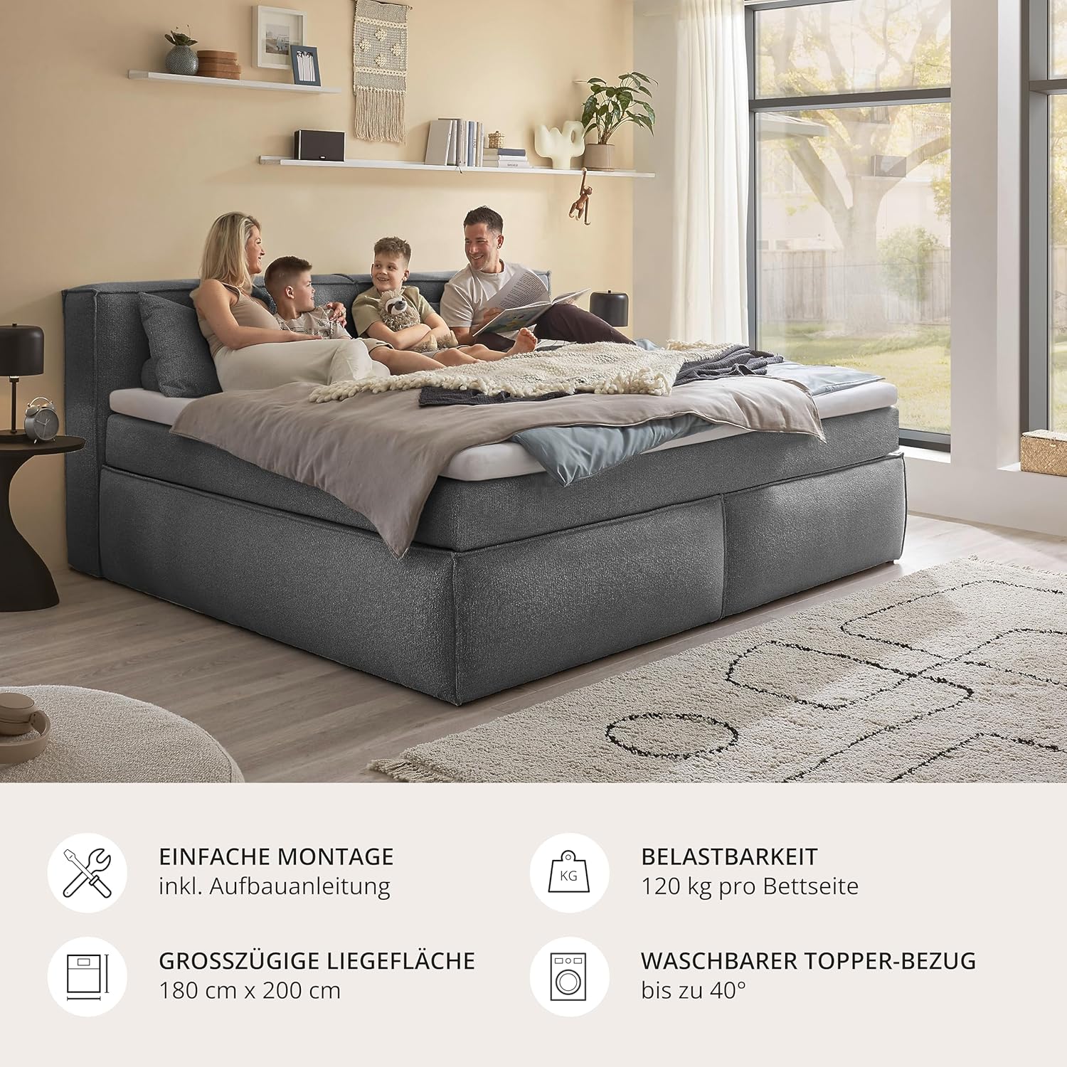 Boxspringbett Sandon 180x200 in Dunkelgrau – Duo-Wendematratze H3/H4 mit 7-Zonen-Tonnentaschenfederkern, 6 cm Topper & komfortabler Liegehöhe 70 cm
