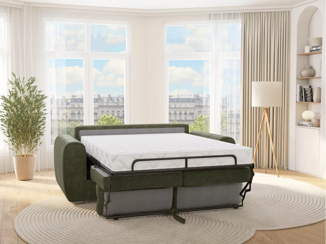 Canapé 3 places convertible express en tissu vert - Couchage 140 cm - Matelas 22 cm BOLIPO