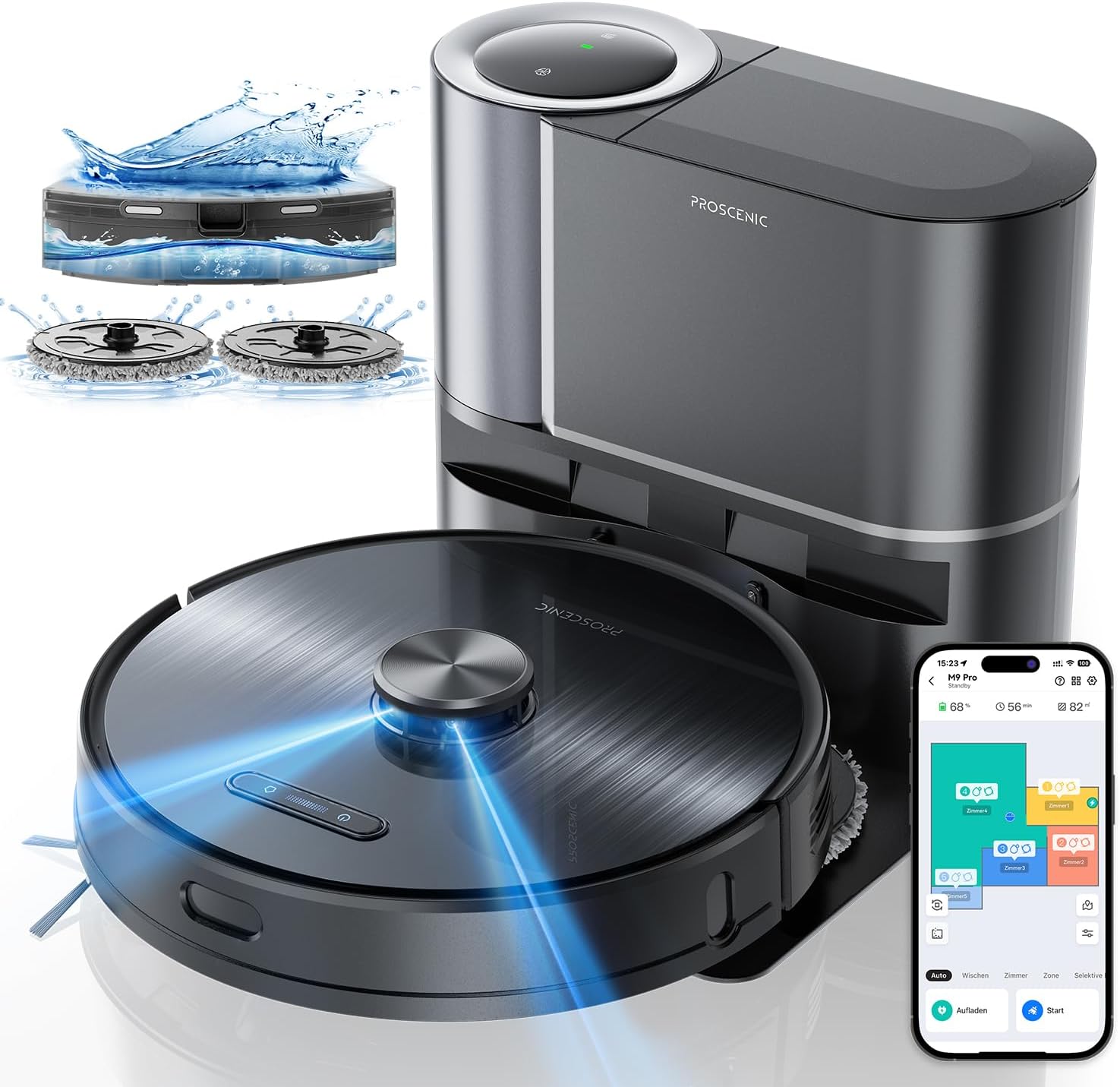 Proscenic M9 Pro Saugroboter mit Absaugstation 4500Pa Staubsauger Roboter mit Wischfunktion Dual-Rotationsmopps Saug und Wischroboter für Böden Teppiche Tierhaare, 3D Mapping, WiFi/APP