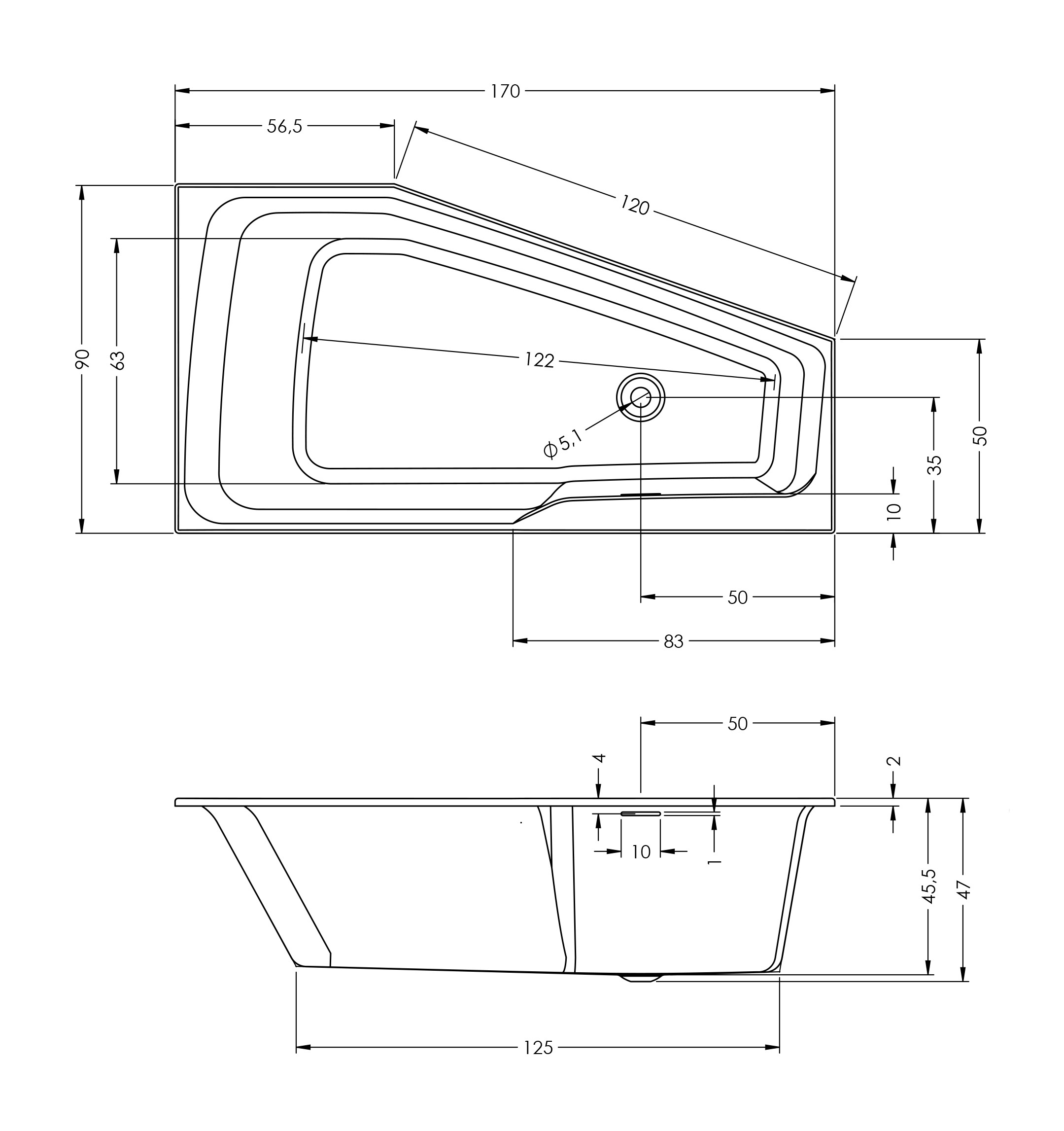 Riho Rethink Space inbouw ligbad 170x90cm links wit glans met Fall overloop