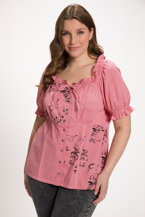 Trachten-Carmenbluse, Vichy-Karo, Herzknöpfe, Halbarm