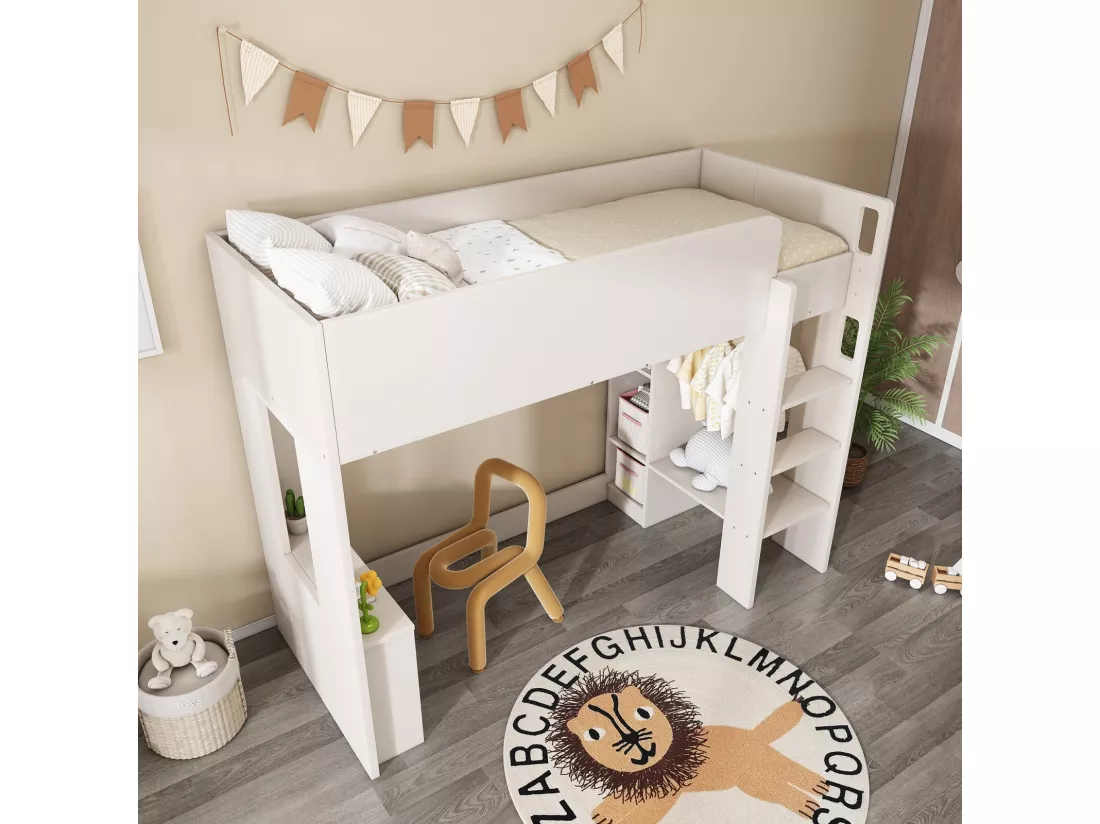 Lit mezzanine 90 x 200 cm avec bureau, niches, armoire, étagères et escaliers - Panneau de particule - Blanc
