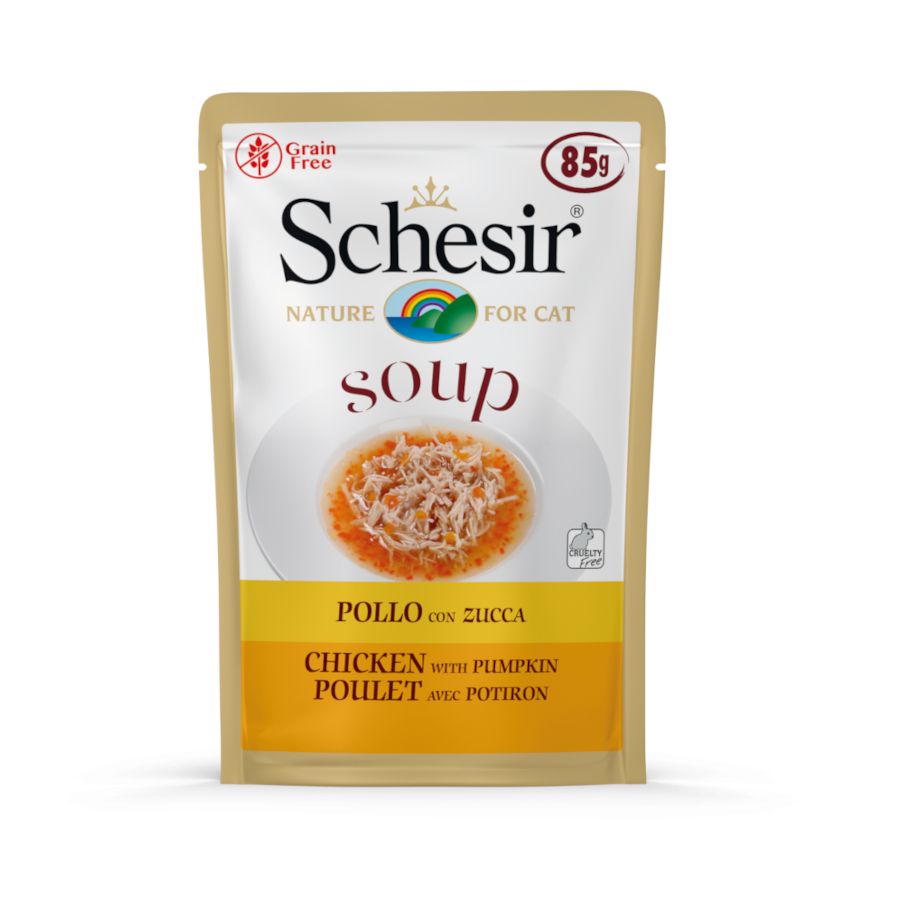 Sachê de 85g de sopa Schesir de frango com abóbora para gatos.