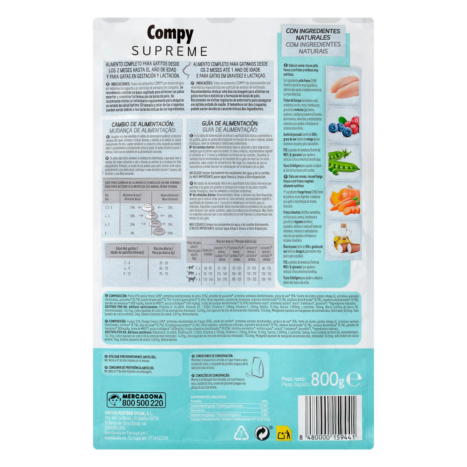 Croquettes pour chat Supreme Compy Junior au poulet, fruits et légumes