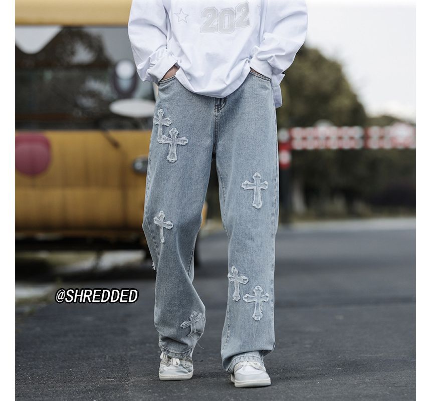 DuckleBeam - Mid Rise Cross Applique Washed Straight Leg Jeans
