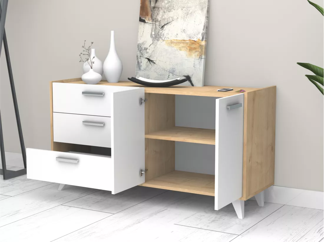 Buffet avec 2 portes et 3 tiroirs - Blanc et naturel - NAELY