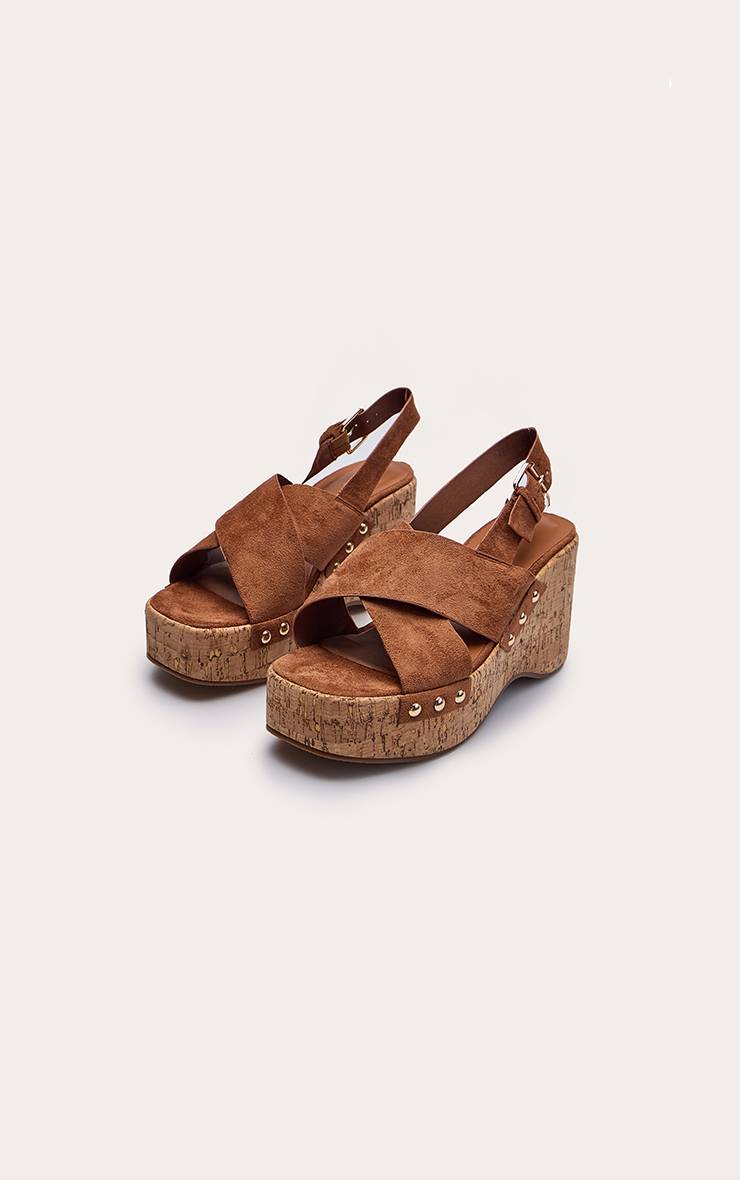 Marron Sandales Compensées En Liège À Brides Croisées En Synthétique - Coupe Large