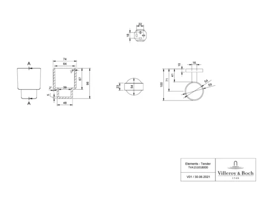 Porte-verre + Distributeur de savon + Crochet double porte-serviettes VILLEROY & BOCH Elements Tender