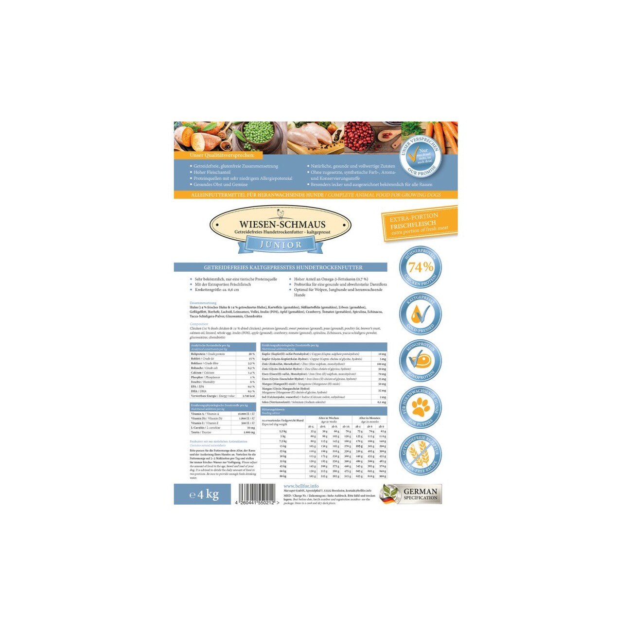 Bellfor Trockenfutter für Welpen und Junge Hunde mit Huhn - Wiesen-Schmaus Junior - 4 kg