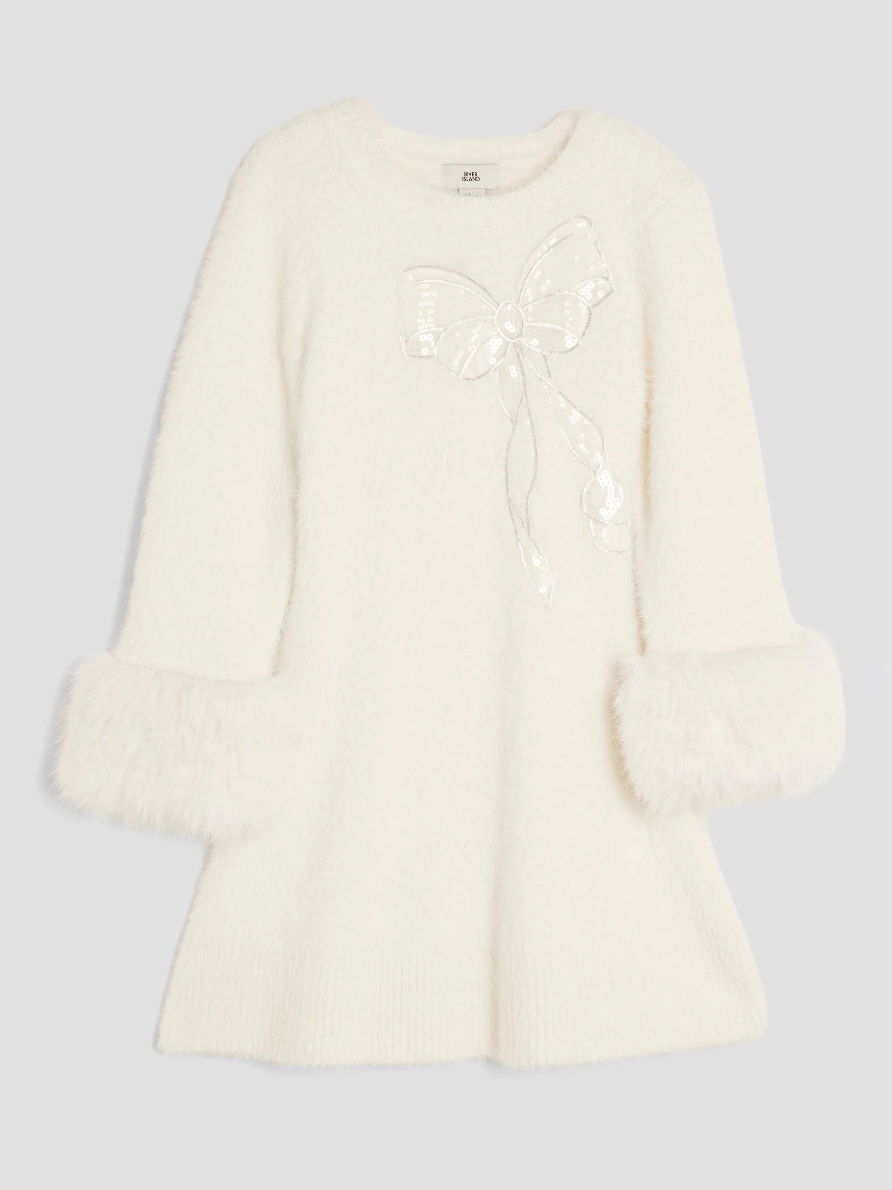Crème - River Island Girls Fur Cuff Knitted Bow Dress
