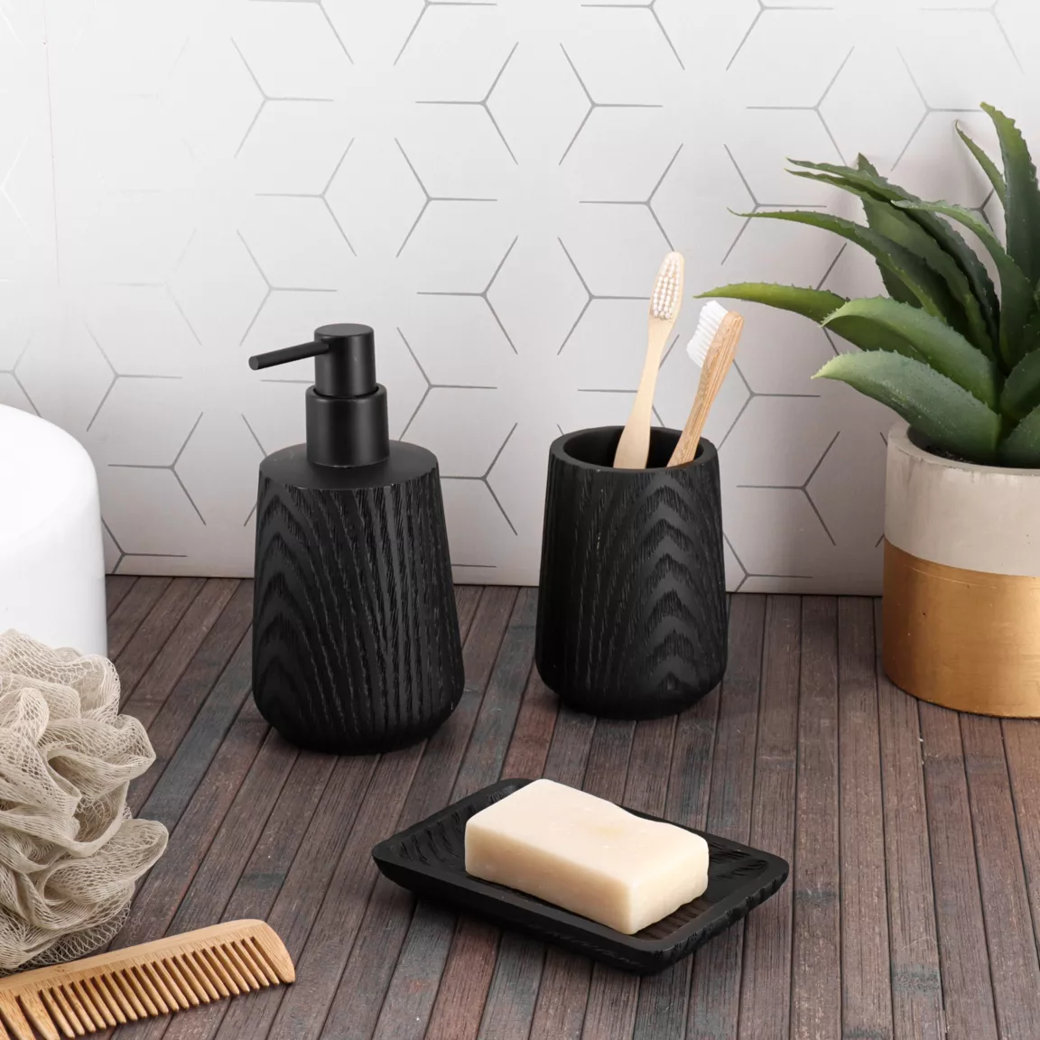 Porte-savon en résine effet bois Scandi Noir