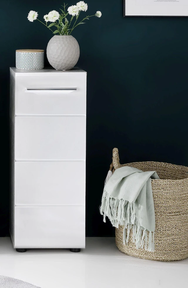 trendteam Unterschrank »Nano« Badkommode in Weiss Hochglanz/Beton mit chromglänzenden Griffen
