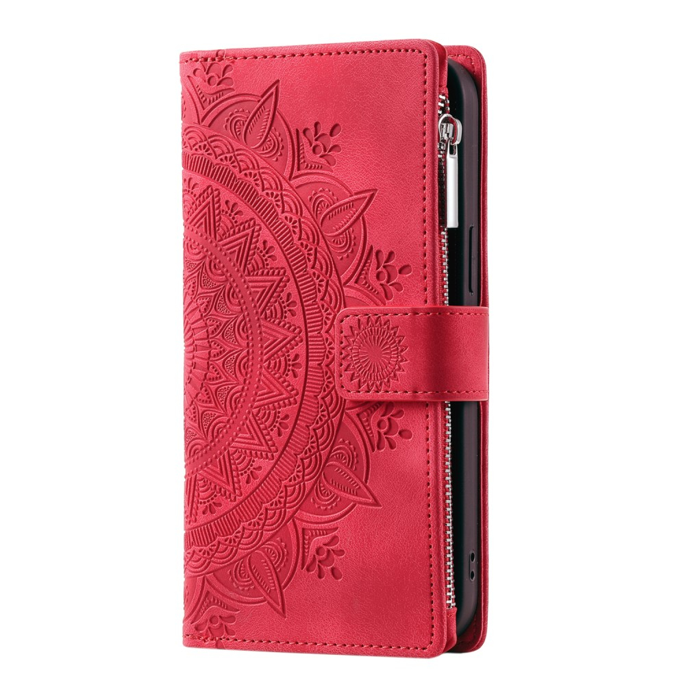 Samsung Galaxy A55 Leder Tasche Flip Cover mit Reissverschluss - Mandala Flowers Imprint - Rot