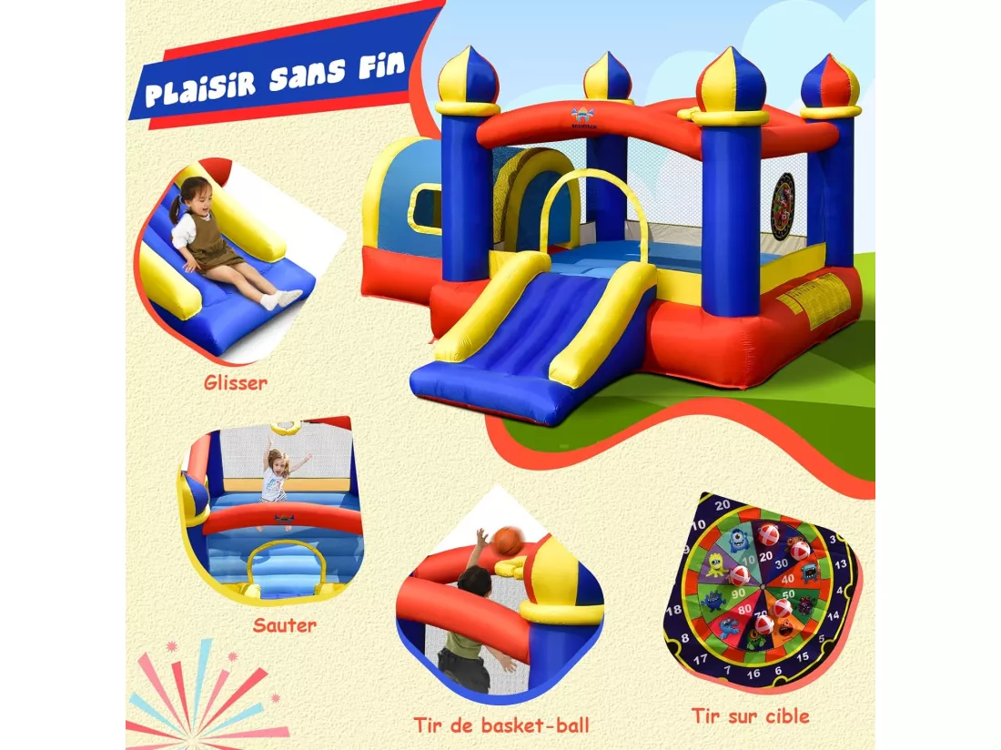 Château Gonflable pour Enfant avec Espace de Rebonds, Petite Maison, Toboggan, Panier de Basket, Sac de Transport et Kit de Réparation, 335 x 382 x 210 cm(sans Gonfleur)