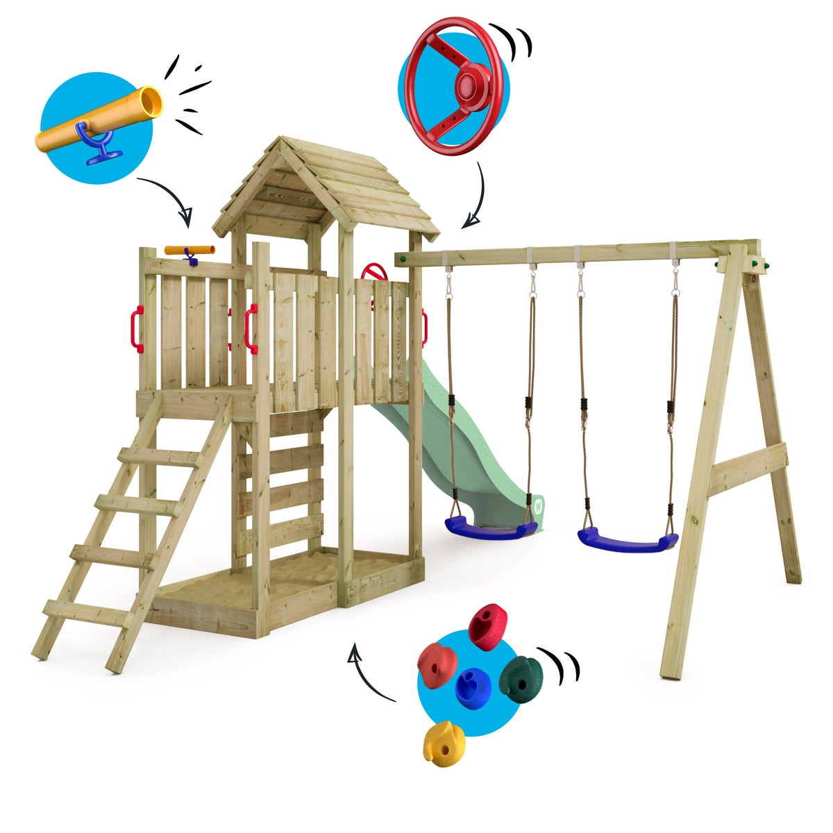 WICKEY MultiFlyer Houten Dak Klimrek met Schommel en Glijbaan, Klimtoren met Houten Dak, Zandbak, Ladder en Speelaccessoires – Pastelgroen