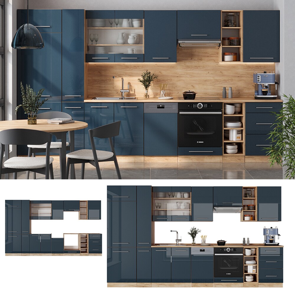 Vicco Küchenzeile Fame-Line Eiche Dunkelblau Hochglanz 355 cm mit Arbeitsplatte Anthrazit