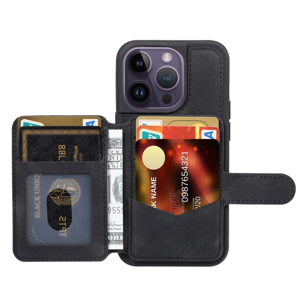 iPhone 15 Pro Hardcase Leder Hülle mit Kartenfach (RFID Schutz) - Schwarz