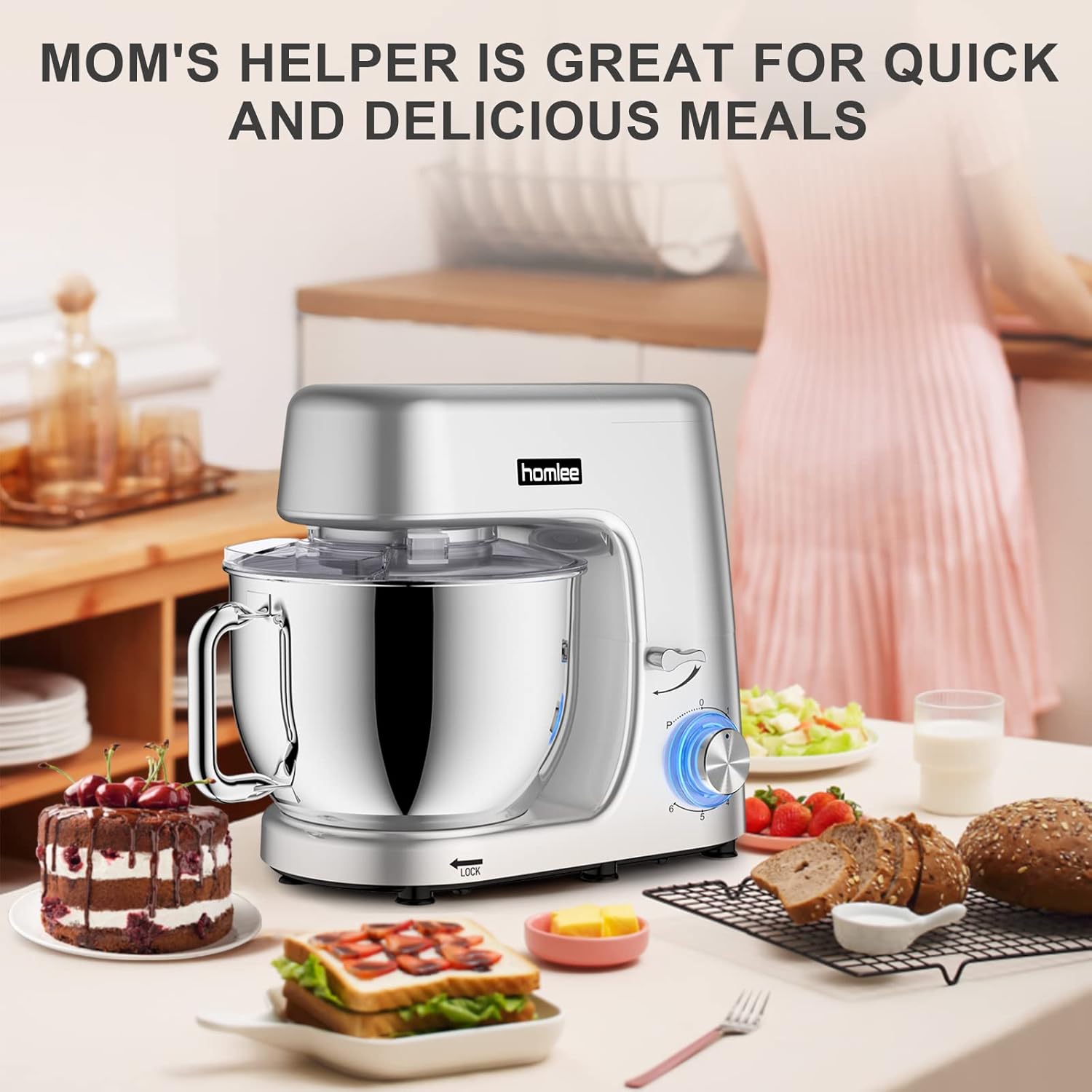 Robot Patissier Homlee 1800W 7,2L Professionnel Robot Ptissier Petrin Multifonctions Robot Cuisine Faible Bruit Batteur sur Socle avec Bol en Acier Inoxydable,Fouet,Batteur,Crochet,6 Vitesses