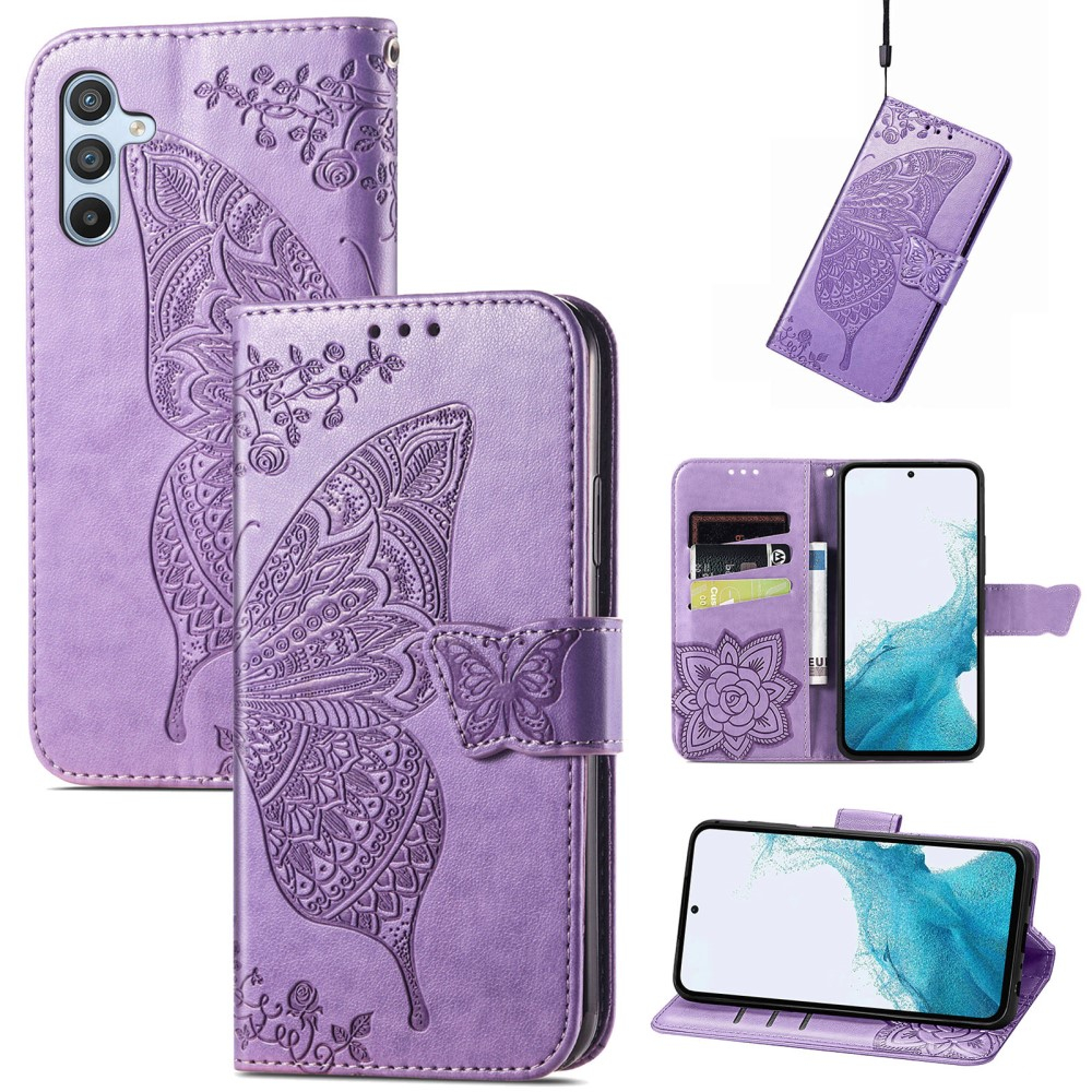 Samsung Galaxy A56 Leder Tasche Flip Cover Schmetterlinge Imprint - Lila