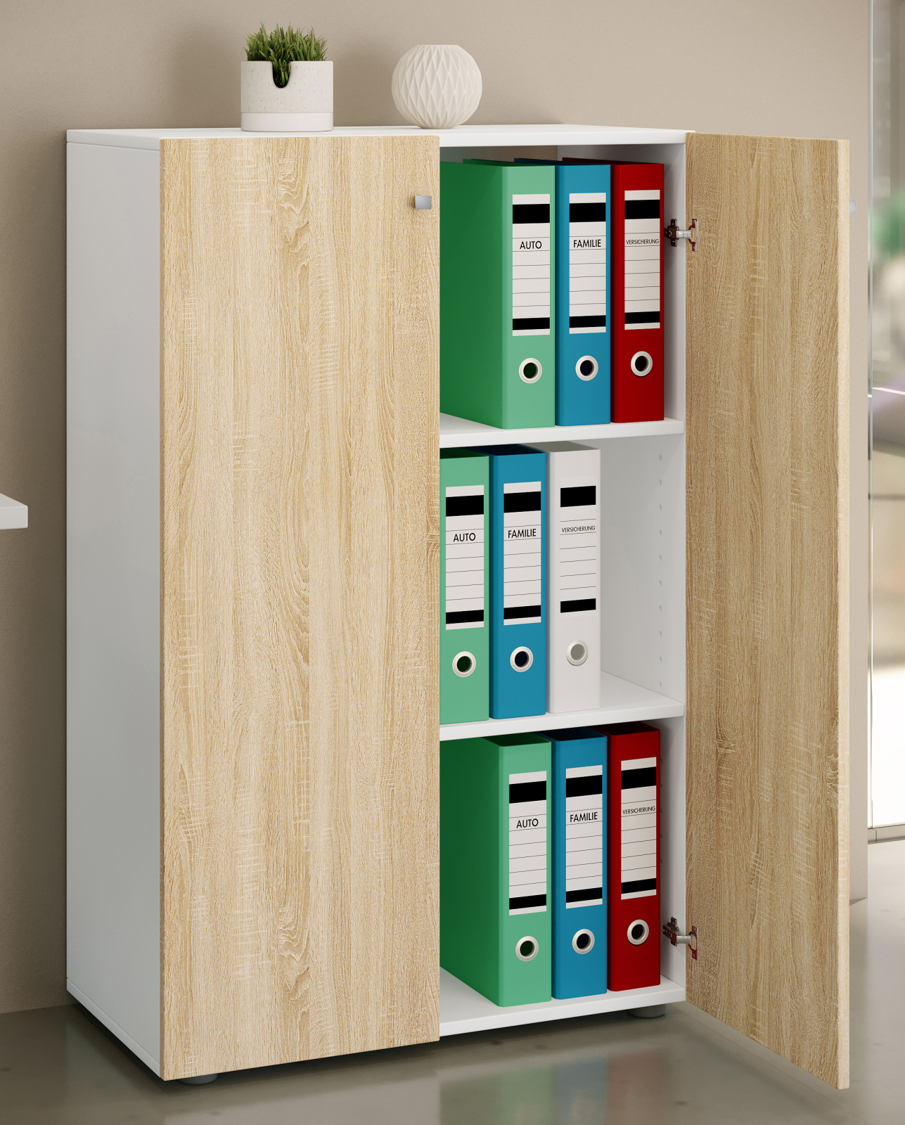 Büroschrank LONA XL - Sonoma Eiche - weiß - mit Drehtüren - 110 cm hoch