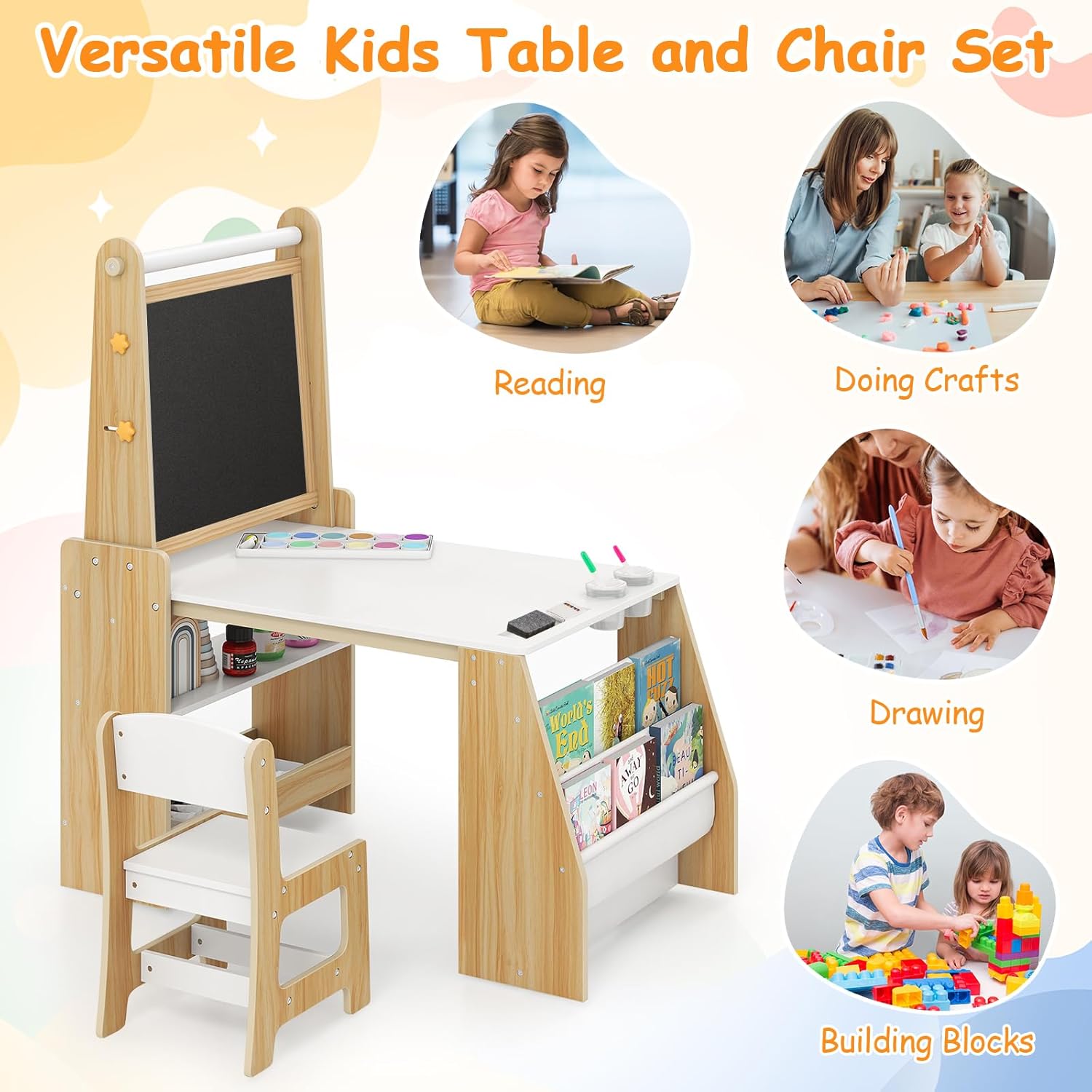 COSTWAY Kindertisch mit Stuhl & Staffelei, Kindersitzgruppe Holz mit Whiteboard & Kreidetafel & Bücherregal, Maltisch inkl. Papierrolle & Zubehör, 3 in 1 Sitzgruppe für Kinder ab 3 Jahren (Natur)