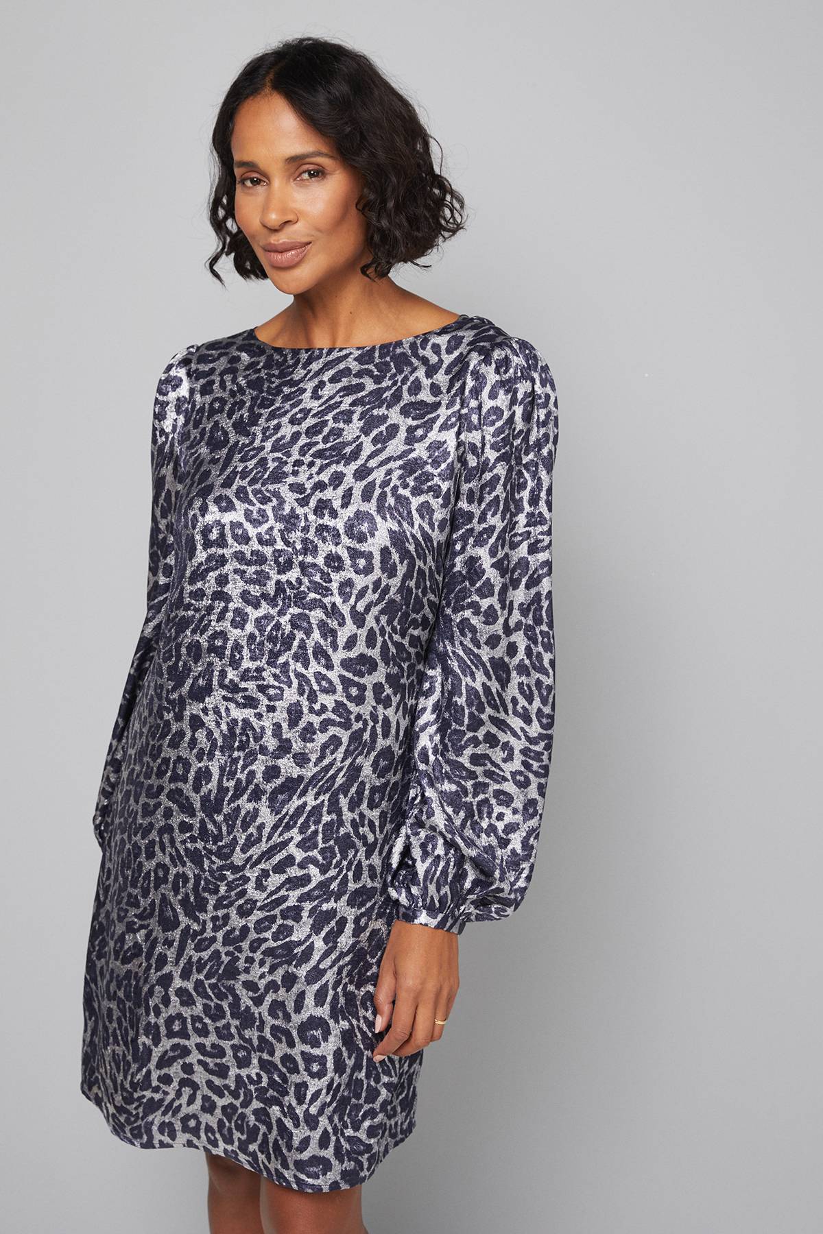 Wallis Robe Droite à Col Bénitier Léopard Métallisé