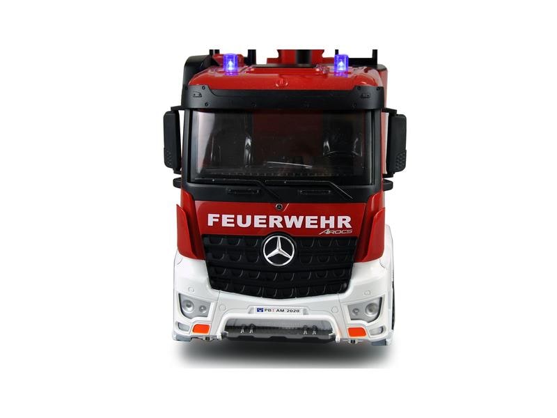 Amewi Mercedes Benz Arocs Feuerwehr Drehleiter RTR, 1:18 Realistisches Feuerwehrauto mit Beleuchtung, Soundeffekten und Wasserwerfer