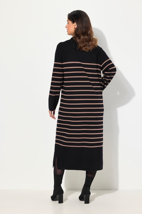 Strick-Midikleid, Streifen, Kragen, V-Ausschnitt, Langarm