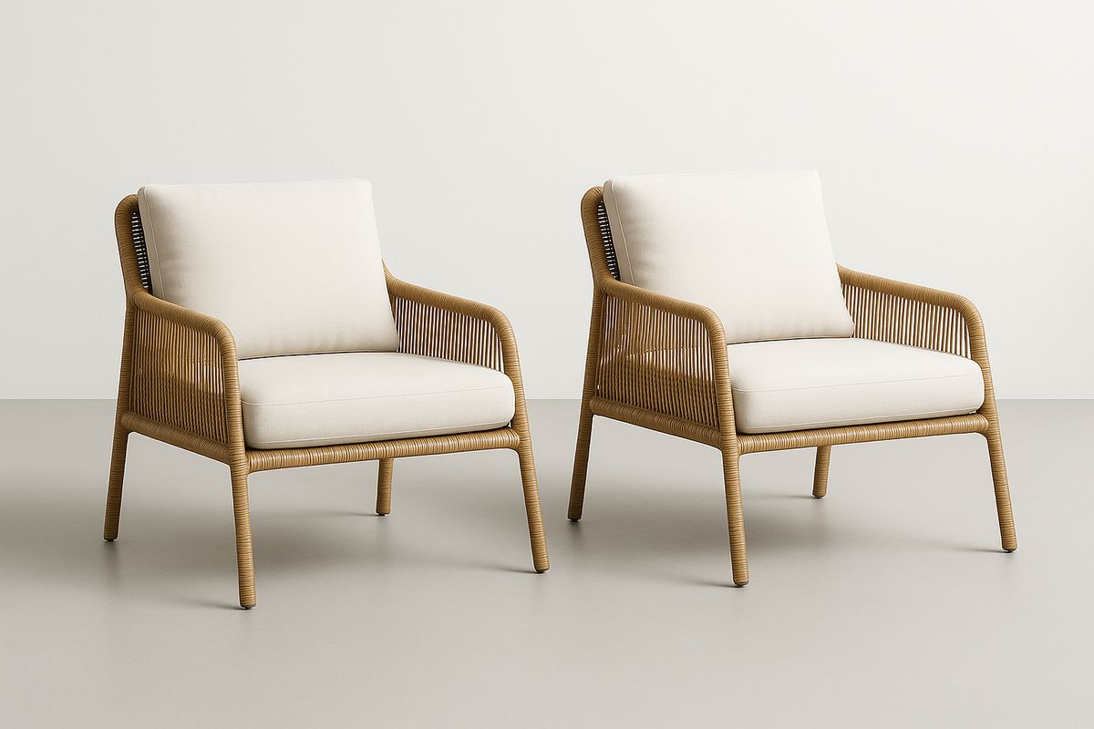 2er Set Loungesessel Rattan Beige mit Polyesterkissen