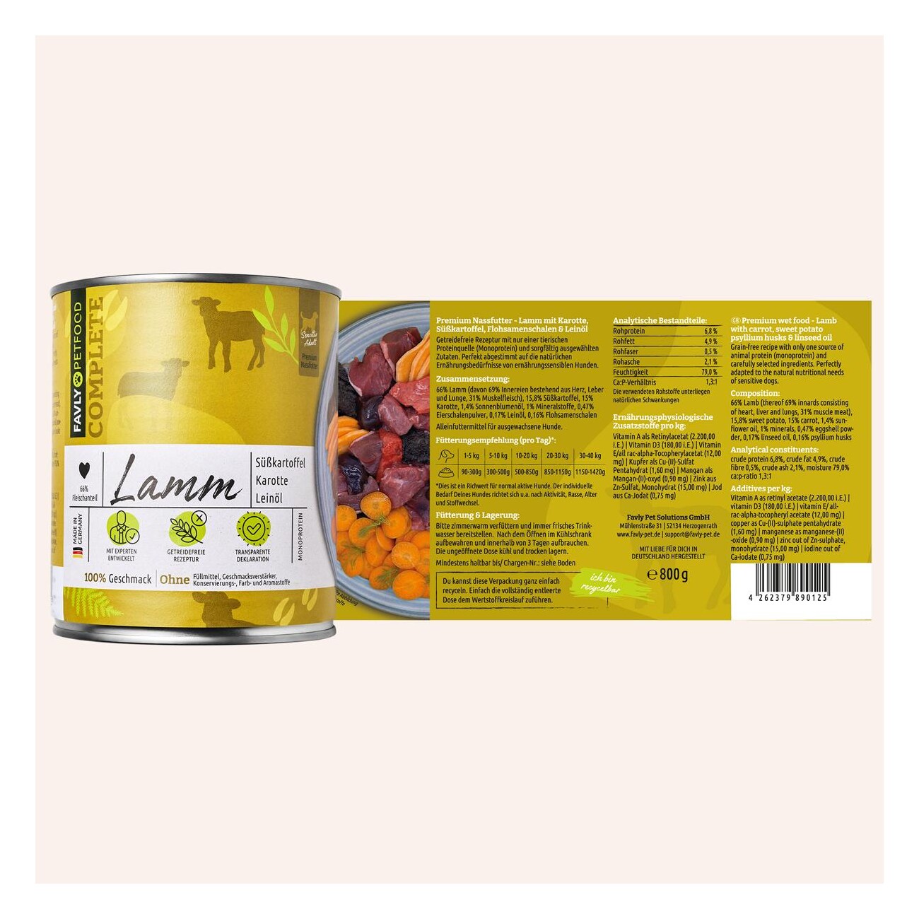 FAVLY Petfood Nassfutter Lamm mit Süßkartoffel, Karotte & Leinöl 6x800 g