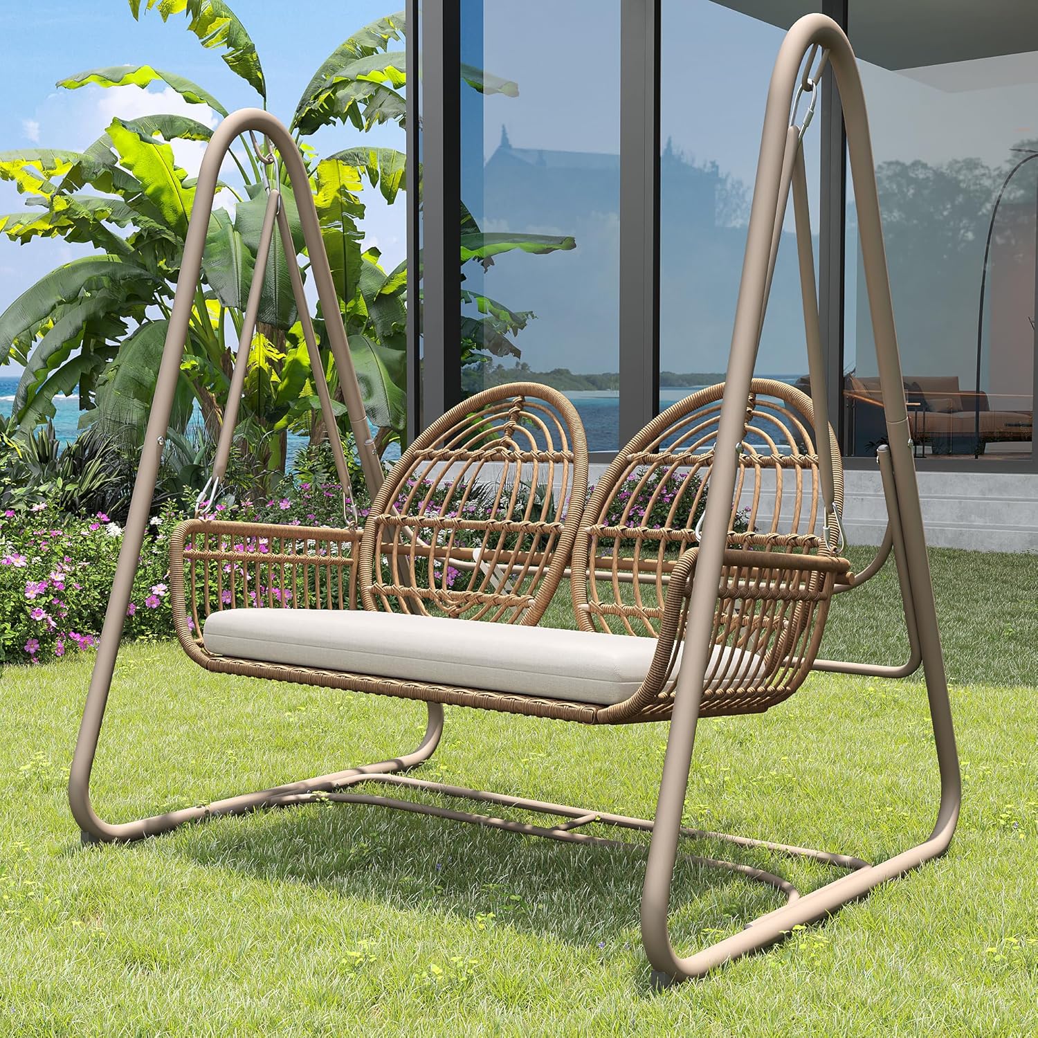 Gartenschaukel, Hollywoodschaukel mit Rückenlehne, Gartenmöbel-Set für den Außenbereich,Doppelschaukel aus PE-Rattan, 2 Sitze, Brauner Sitzrahmen und beiges Kissen