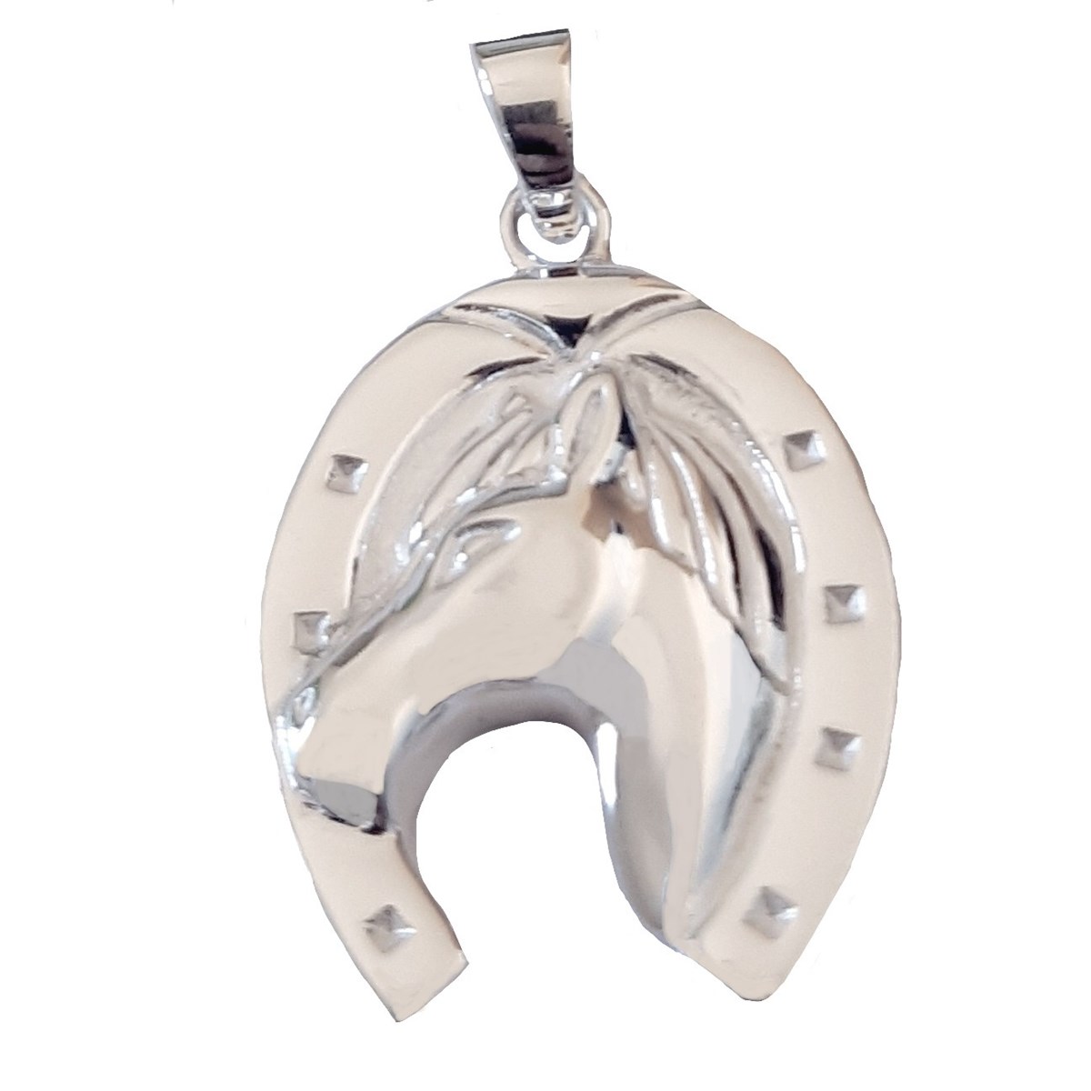 Pendentif grand fer à cheval avec tête cheval en argent + chaine