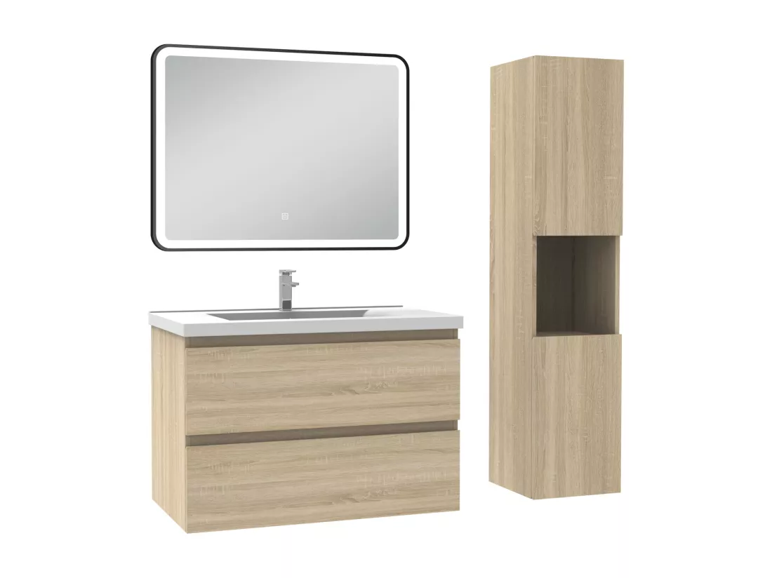 Meuble salle de Bain 80cm avec colonne + miroir 3 couleurs Chêne Wotan