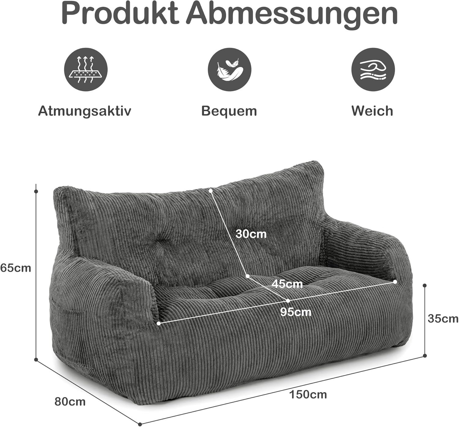 Pamapic Sitzsack, Sitzsack Erwachsene mit Füllung, Doppeltes Lounge Sessel mit Tragbarem Griff, Modernes Ergonomisches BeanBag, Indoor Sitzsäcke Stuhl für Wohnzimmer, Schlafzimmer, Spielzimmer, Grau