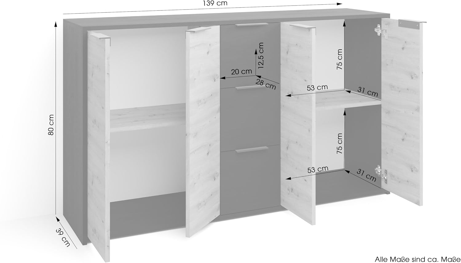 byLIVING Sideboard Rimini/Melamin Eiche schwarz und Artisan Eiche / 4 Türen/B 139, H 80, T 39 cm