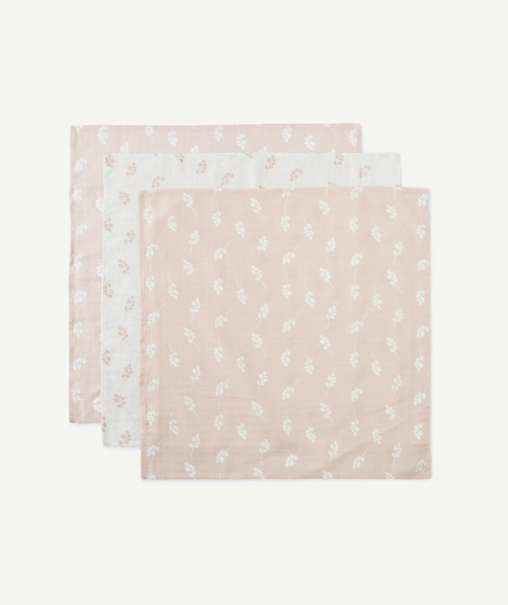 JOLLEINLOT DE 3 LANGES 70x70CM EN GAZE DE COTON IMPRIMÉ ROSE SAUVAGE