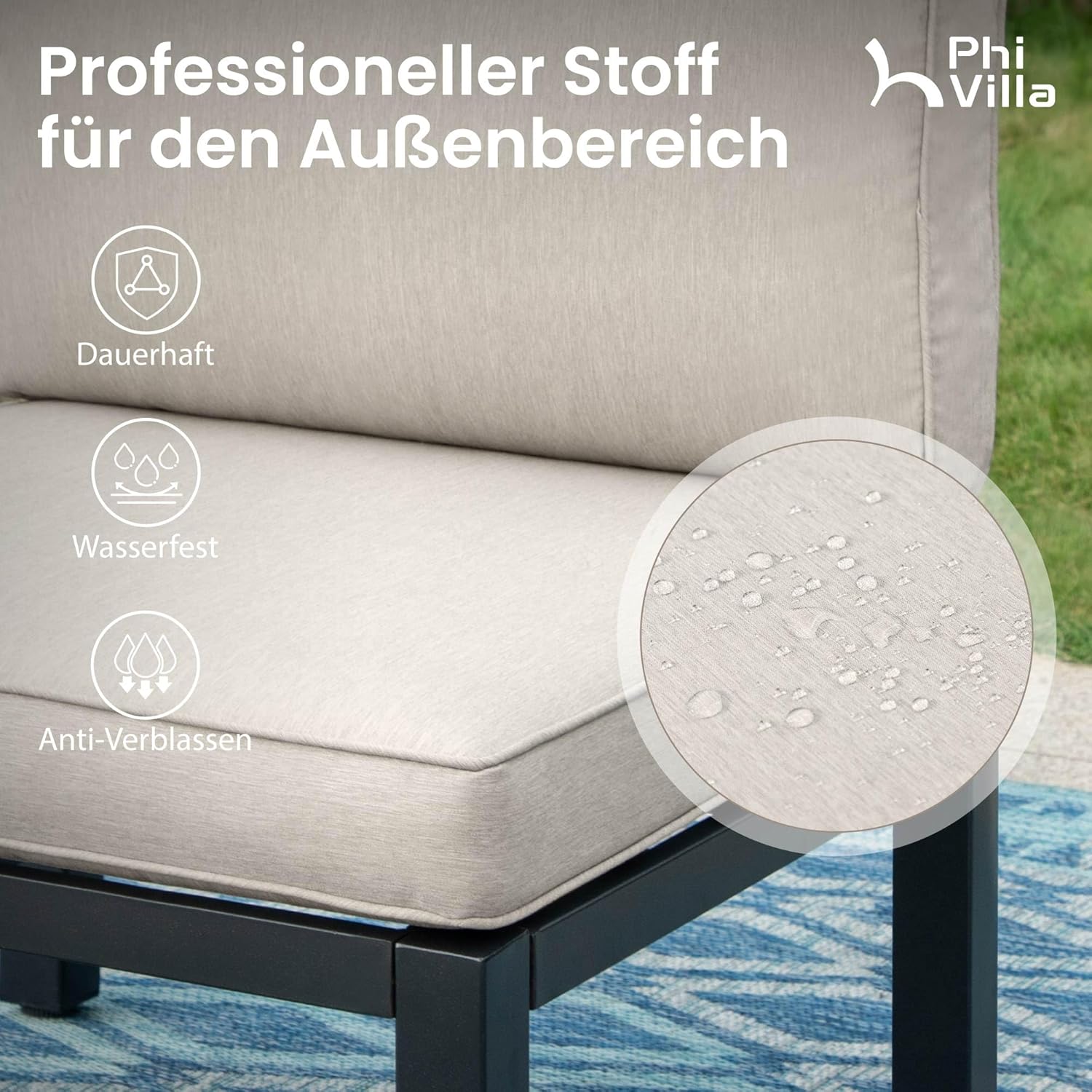PHI VILLA Gartenmöbel Balkonmöbel Set 3 Teilig, Metall Lounge Möbel Outdoor Gartenlounge Set 4-Sitzer, Terrassenmöbel Modulare Möbel mit Verstärkten Kissen und Kaffeetisch, Beige