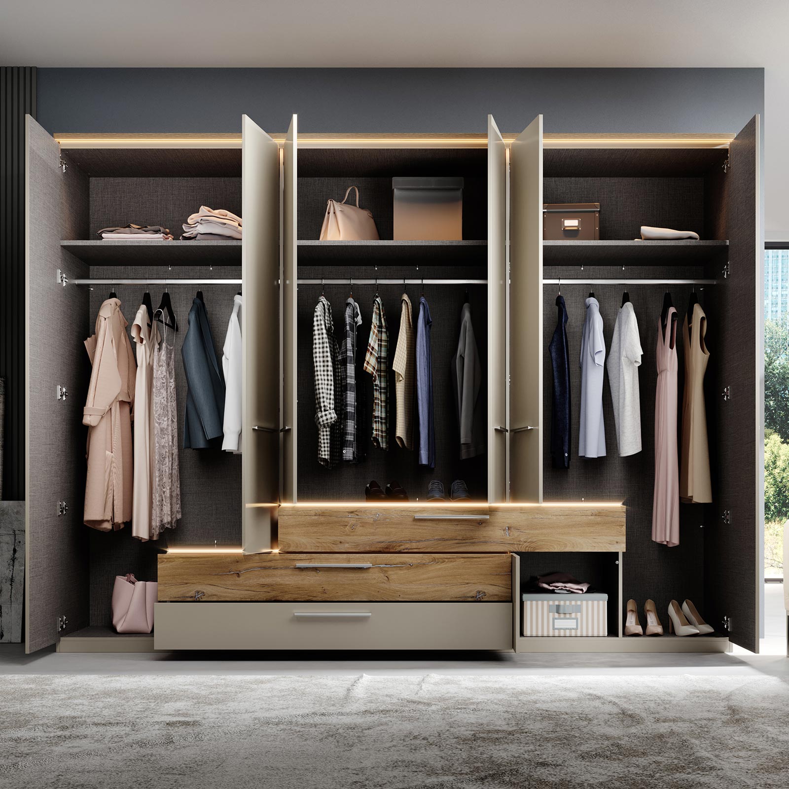 Drehtürenschrank - champagner - Flagstaff Oak hell - mit Beleuchtung - 301 cm